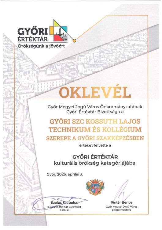 A Győri Értéktárba került iskolánk