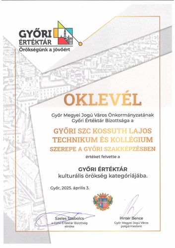 A Győri Értéktárba került iskolánk